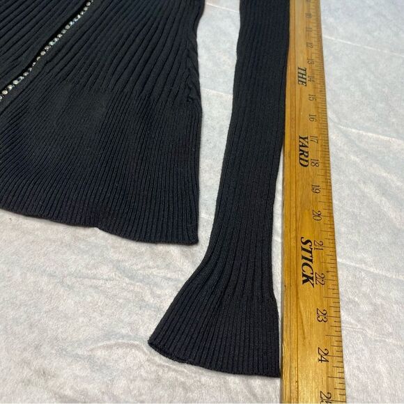 Vtg QUESTIONS Sweater Rhinestone Full Zip Stretch Fitted Ribbed Womens L Black - Picture 7 of 8